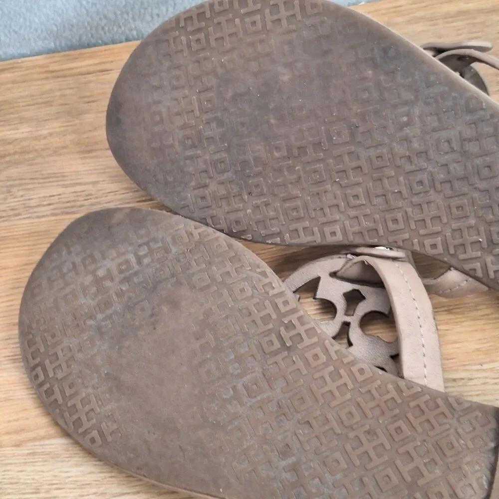 Tory Burch Miller Thong Sandals Women 10.5 Tan Beige Leather Logo Flip Flops